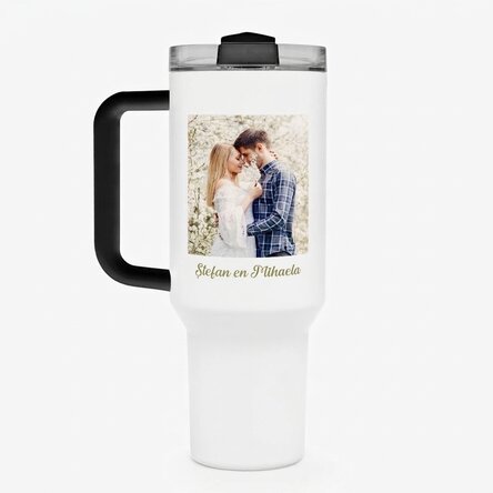 Thermosfles met handvat en rietje, gepersonaliseerd met foto en naam