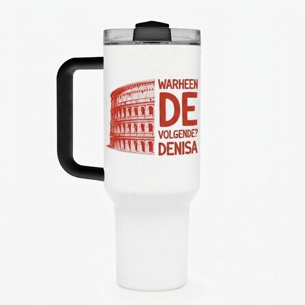 Thermosbeker met handvat en rietje, gepersonaliseerd met tekst - Where to next?
