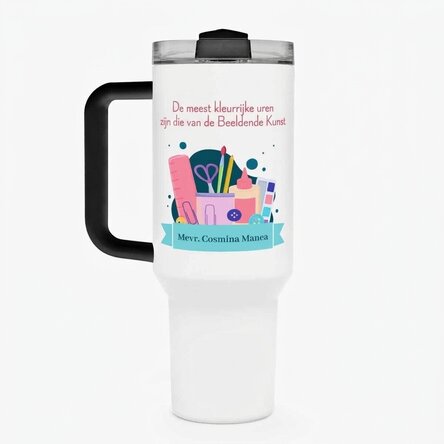 Thermosbeker met handvat en rietje, gepersonaliseerd met een boodschap - Lerares beeldende kunst