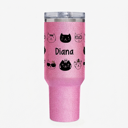Tasse isotherme avec poignée et paille, personnalisée avec un prénom - Cats