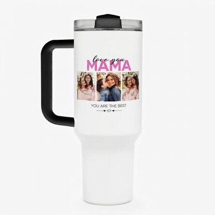 Thermosfles met handvat en rietje, gepersonaliseerd met 6 foto’s en tekst - With love