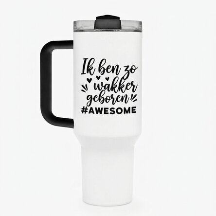 Thermosfles met handvat en rietje, gepersonaliseerd met tekst - Woke up like this