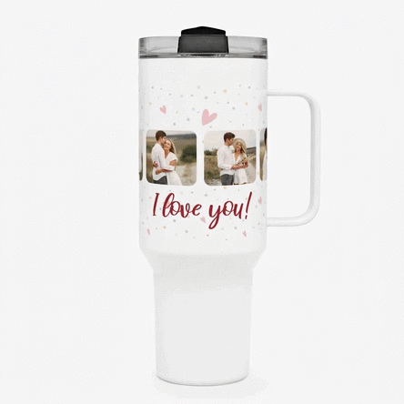 Tasse isotherme avec poignée et paille, personnalisée avec 6 photos et un texte - Celebrate love