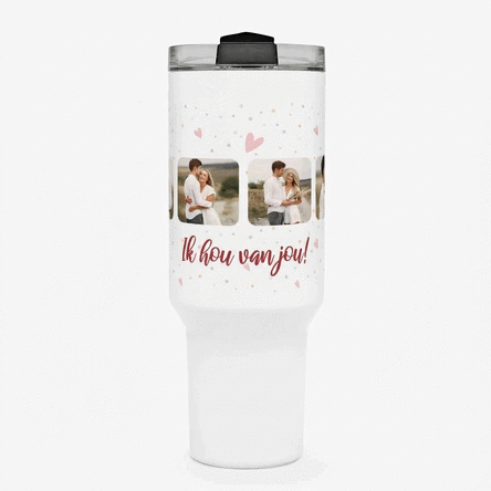 Thermosbeker met handvat en rietje, gepersonaliseerd met 6 foto’s en tekst - Celebrate love