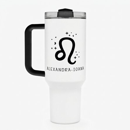 Tasse isotherme avec poignée et paille, personnalisée avec un texte - Signe du Lion