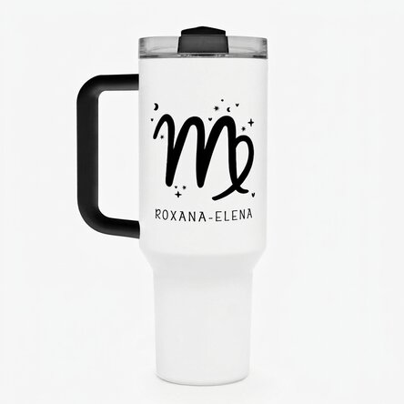 Tasse isotherme avec poignée et paille, personnalisée avec un texte - Signe du zodiaque : la Vierge