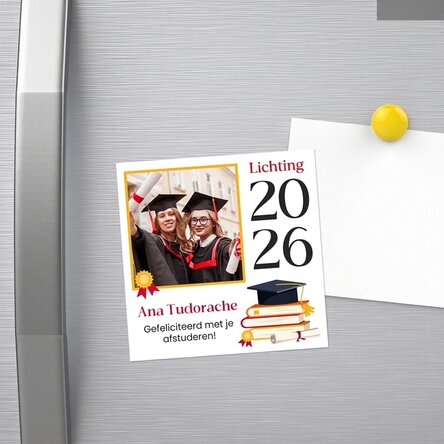 Gepersonaliseerde magneet van 10x10 met foto en tekst - Afstuderen