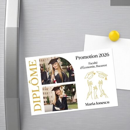 Aimant personnalisé de 15 x 10 cm avec 2 photos et un texte - Remise des diplômes
