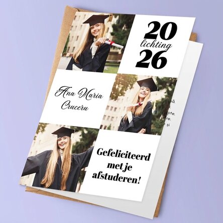 Gepersonaliseerde wenskaart met 3 foto's en tekst - Afstuderen