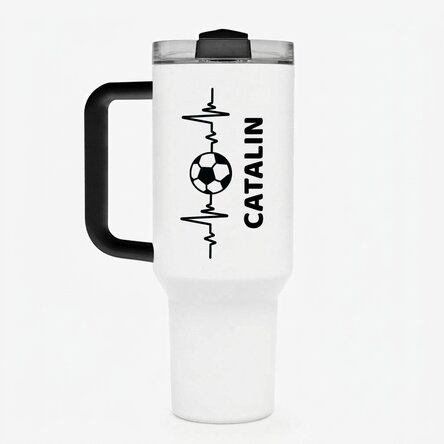 Thermosfles met handvat en rietje, gepersonaliseerd met naam - Voetballiefhebber