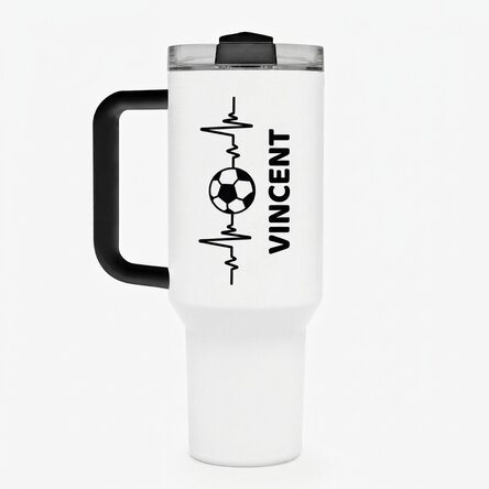 Tasse isotherme avec poignée et paille, personnalisée avec un prénom - Football lover