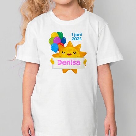 Katoenen T-shirt voor kinderen, gepersonaliseerd met een tekst - Zon en kleurrijke ballonnen
