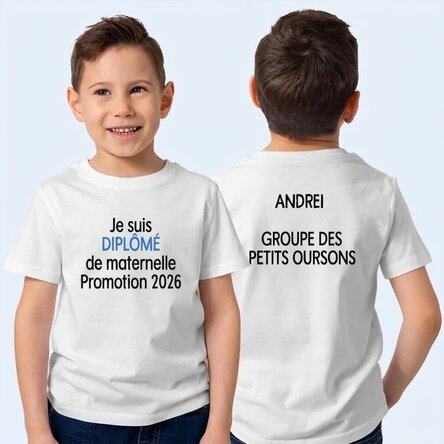 T-shirt en coton pour enfants, personnalisé avec un texte au recto et au verso