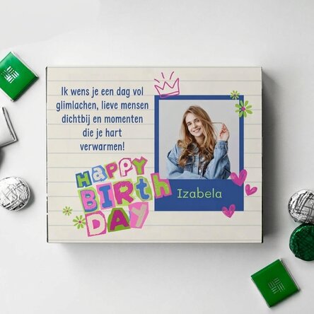 Gepersonaliseerde bonbondoos met een foto en een boodschap - Happy Birthday!