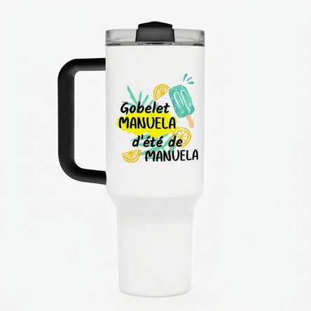 Tasse isotherme avec poignée et paille, personnalisée avec un texte - Ice cream