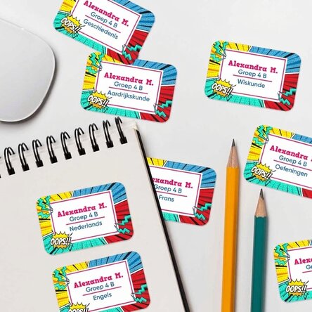 Set van 8 gepersonaliseerde stickers (zelfklevende etiketten) met tekst - Comics