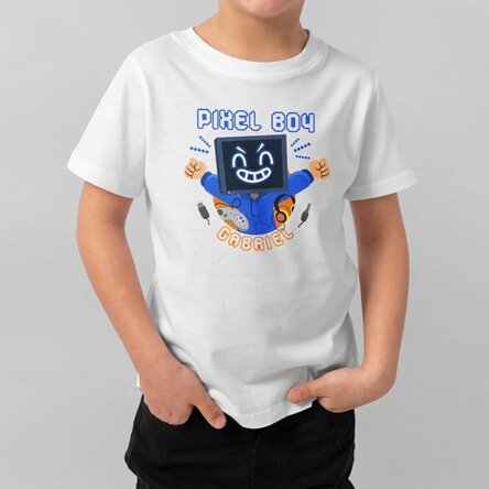 Katoenen T-shirt voor kinderen, gepersonaliseerd met tekst - Pixel Boy