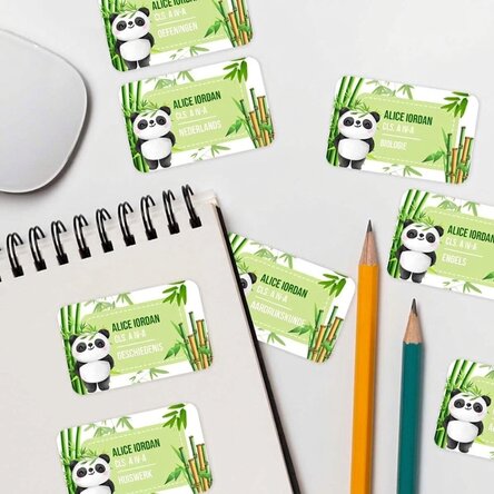 Set van 8 gepersonaliseerde stickers (zelfklevende etiketten) voor school - Cute Panda