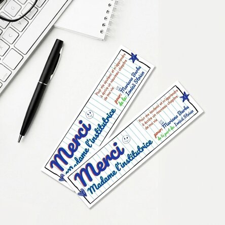 Marque-page personnalisé avec un message pour une enseignante - Papier pour cahier