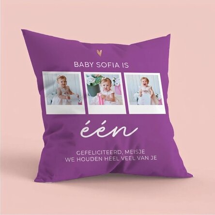 Gepersonaliseerd kussen met 3 foto's en een boodschap - Birthday baby