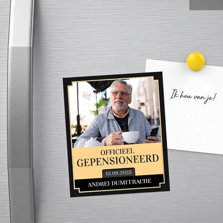 Gepersonaliseerde magneet van 10 x 12 cm met een foto en een boodschap – Pensioen