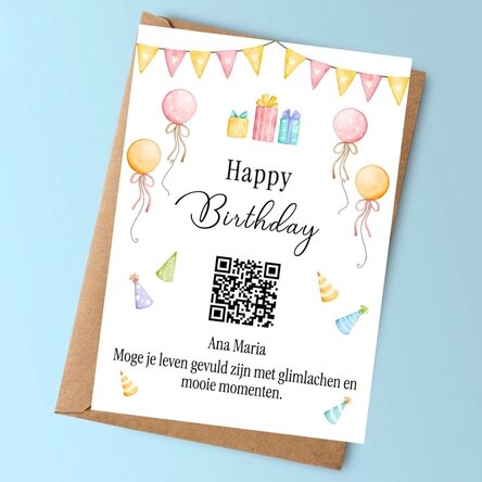 Gepersonaliseerde kaart met tekst en QR-code - Gelukkige verjaardag!