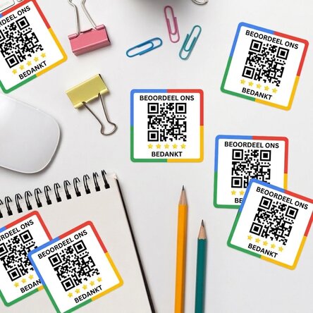 Set van 12 stickers (zelfklevende etiketten) met gepersonaliseerde tekst en QR-code - Beoordeel ons