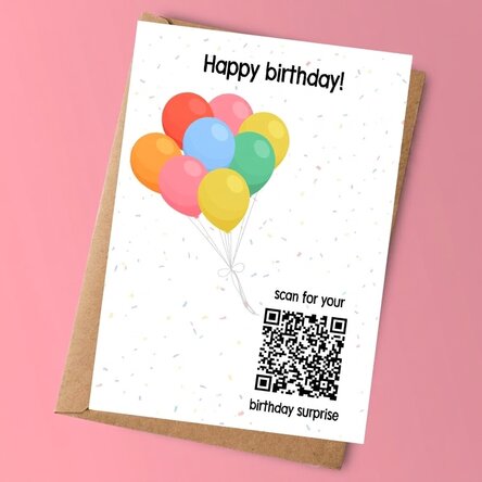 Gepersonaliseerde kaart met tekst en QR-code - Ontdek de verrassing