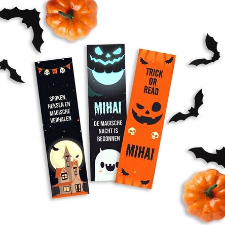 Set van 3 gepersonaliseerde boekenleggers met tekst - Trick or read