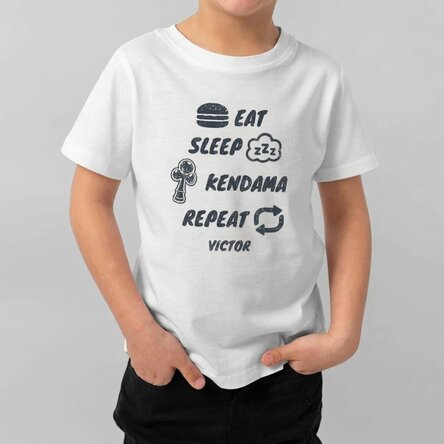 Katoenen T-shirt voor kinderen, gepersonaliseerd met de tekst: Eat, sleep, kendama, repeat