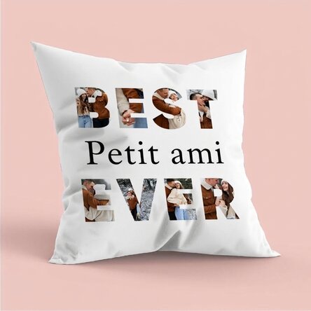 Coussin personnalisé avec 8 photos et un texte - Best