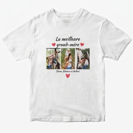 T-shirt en coton personnalisé avec 3 photos et un texte - Les meilleurs grands-parents