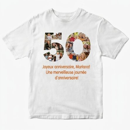 T-shirt en coton personnalisé avec 12 photos et un message - 50 ans