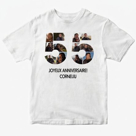 T-shirt en coton personnalisé avec 12 photos et un message - 55 ans