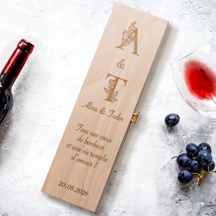 Coffret de vin personnalisé avec texte et initiales - Floral