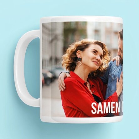 Gepersonaliseerde mok met een landschapsfoto en tekst