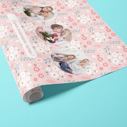 Papier d'emballage cadeau personnalisé avec 3 photos et un texte - Fleurs de printemps