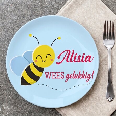 Gepersonaliseerd bord met tekst - Bee happy!