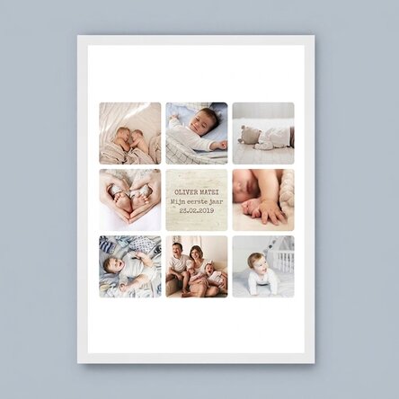 Gepersonaliseerd schilderij met tekst en 8 foto's - Baby's eerste jaar