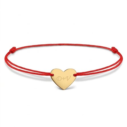 Gepersonaliseerde armband met koord – hartje 12x10 mm – 14-karaats goud – ‘Jij en ik’, model 3