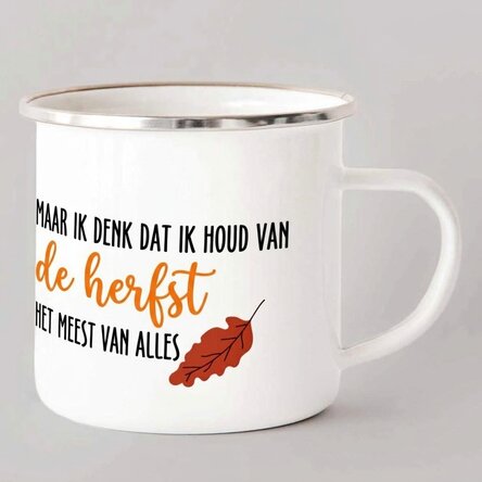 Geëmailleerde metalen mok met tekst - I love fall