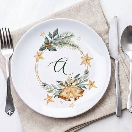 Assiette personnalisée avec une initiale - Golden Christmas Bells