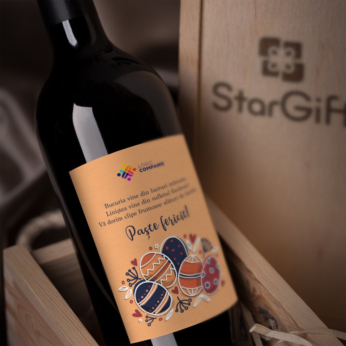 Vin personnalisé avec un texte et un logo pour Pâques