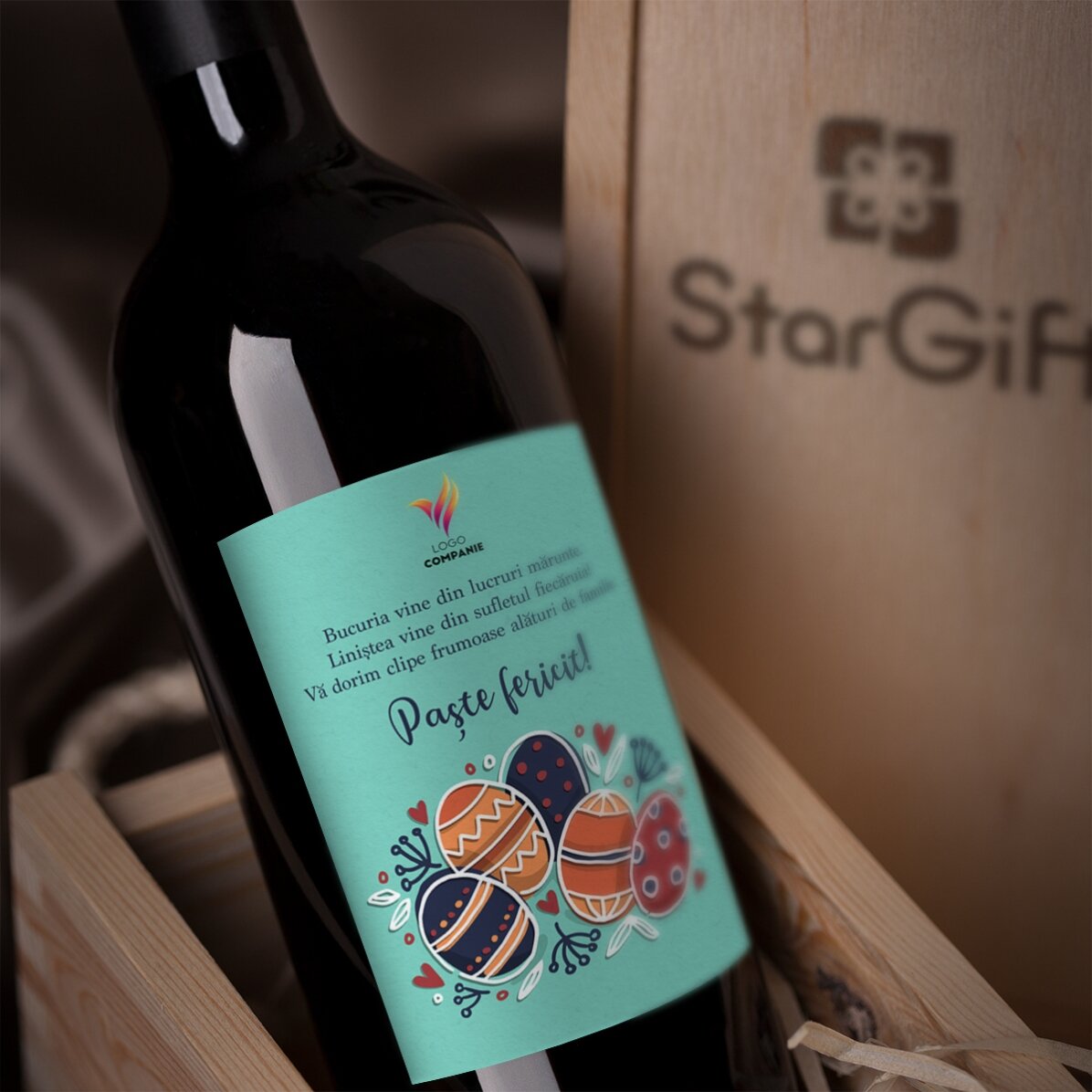 Vin personnalisé avec un texte et un logo pour Pâques