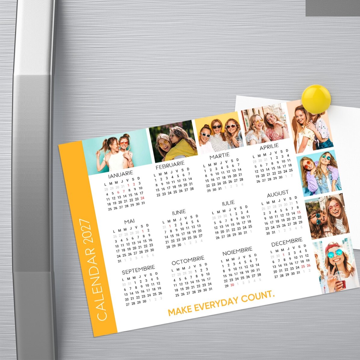 Gepersonaliseerde magnetische kalender met 8 foto’s en een boodschap