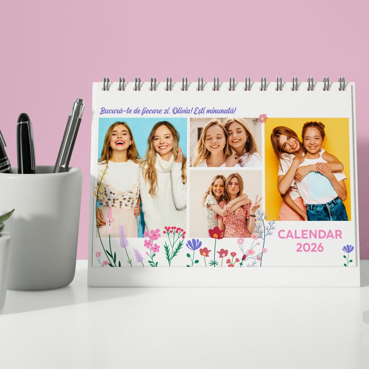 Gepersonaliseerde bureaukalender met foto’s en tekst - Floral