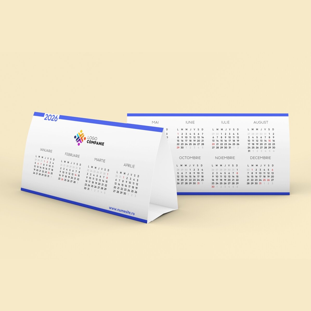 Gepersonaliseerde bureaukalender met logo en boodschap
