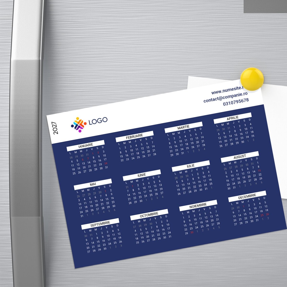 Gepersonaliseerde magnetische kalender met boodschap en logo