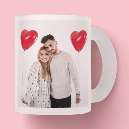 Gepersonaliseerde matte glazen mok met een foto en tekst