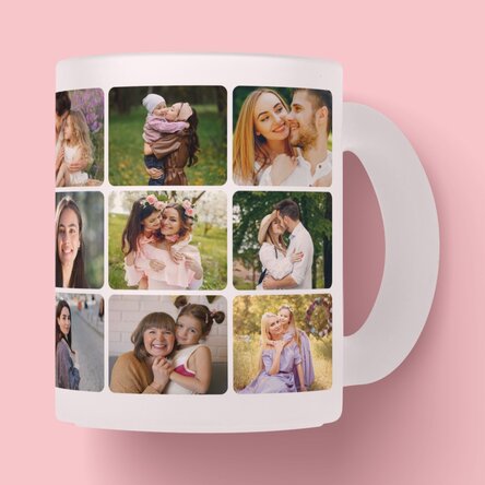 Gepersonaliseerde matte glazen mok met een collage van 18 foto’s